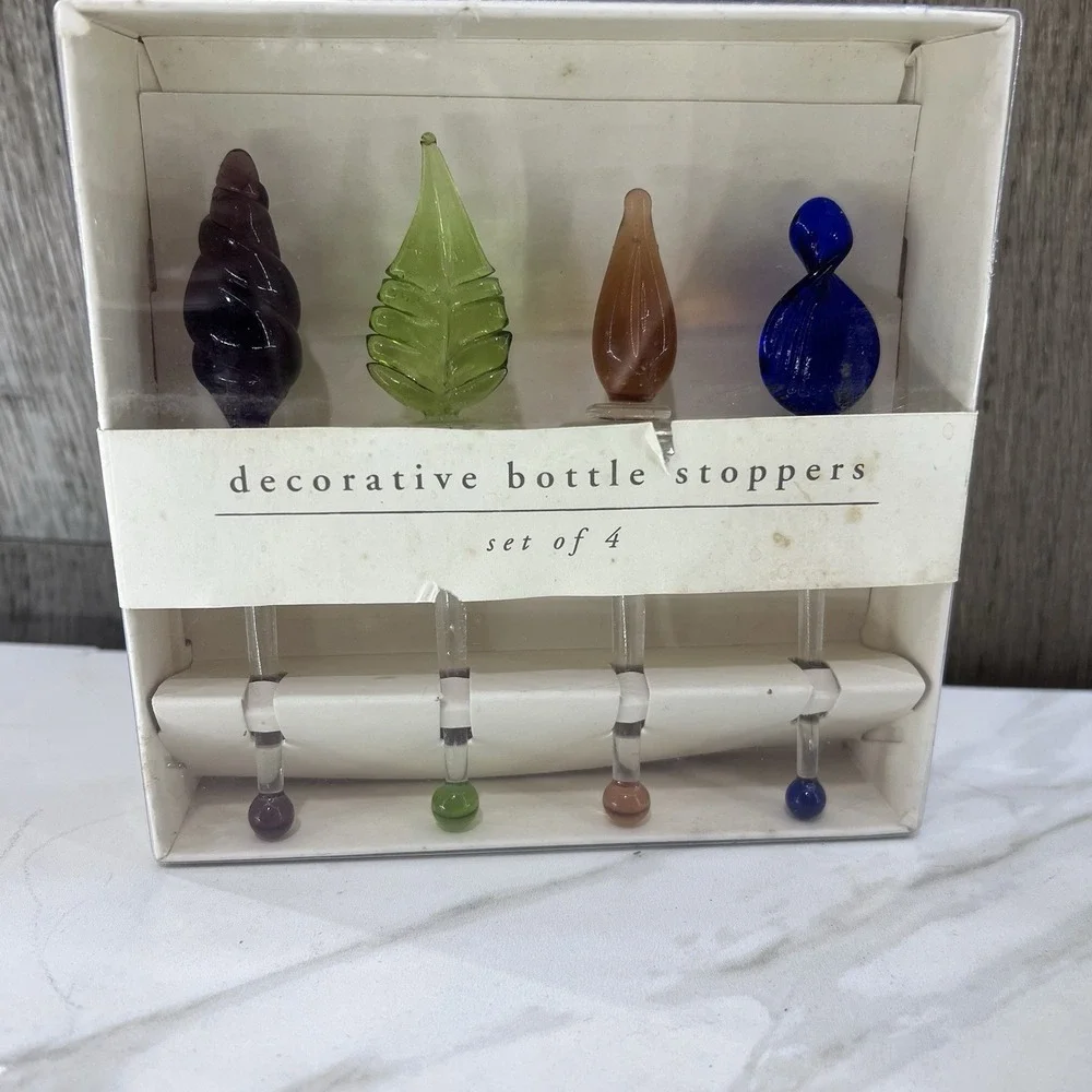 VTG NEW Pier 1 Blown Glass Bottle Stoppers Set of 4 Abstract Shapes Leaf 4